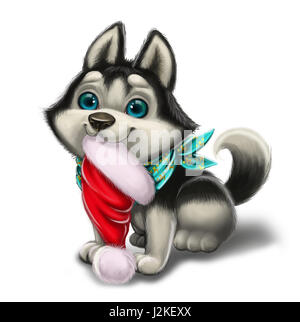 Weihnachts-und Neujahrsgrüße und Urlaub Liebe mit niedlichen Husky Welpen - Comicfigur Frohe Weihnachten und Happy New Year - Tier Stockfoto