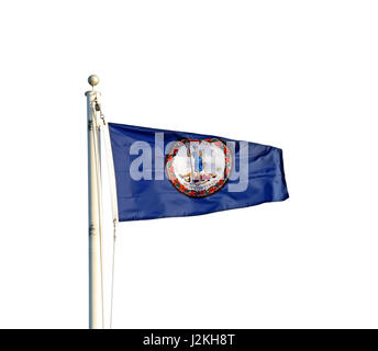 Flagge des Commonwealth of Virginia fliegen von einem weißen Mast auf dem weißen Hintergrund isoliert Stockfoto