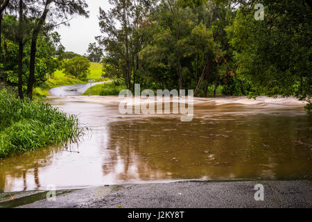 Fluss Hochwasser nach Sever Regen während der ex-tropischer Wirbelsturm Marcia in Queensland, Australien. Stockfoto