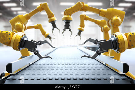 Industrielle Roboterarme mit leeren Förderband Gürtel 3D-Rendering Stockfoto