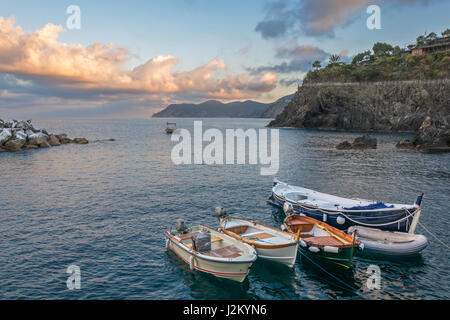 Boote im Hafen des Dorfes von Manarola Cinque Terre in Ligurien, Italien Stockfoto