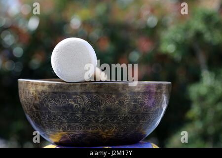 Nepalesische Klangschalen auf Tisch vor grünem Hintergrund verschwommen Stockfoto