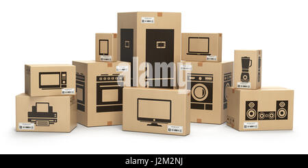 Haushalt Küchengeräte und Unterhaltungselektronik in Kisten isoliert auf weiss. E-Commerce, Internet online Einkaufs- und Lieferservice Konzept. 3D illustrati Stockfoto