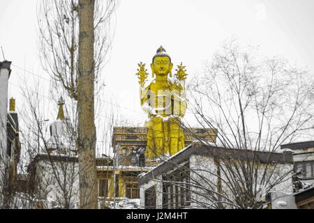 Goldene Maitreya Buddha in Ladakh Indien Statue sitzt in Schnee Berge im Diskit Kloster, Nubra Valley. Der Ort ist in Nubra Tal, Ladakh berühmt. Stockfoto