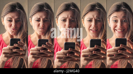 Collage von Frau davor wahnsinnig glücklich Stockfoto