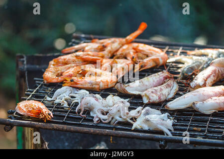 Verschiedene leckere Grillfleisch über die Kohlen auf einem Grill Stockfoto