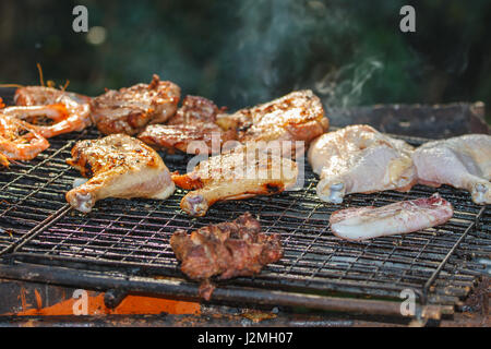 Verschiedene leckere Grillfleisch über die Kohlen auf einem Grill Stockfoto