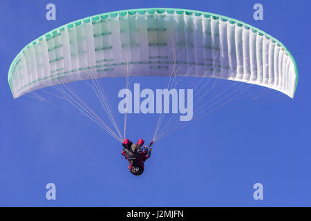 Paragliding im Tandem, Extremsport, frei gleiten und blauen Himmel als Hintergrund Stockfoto