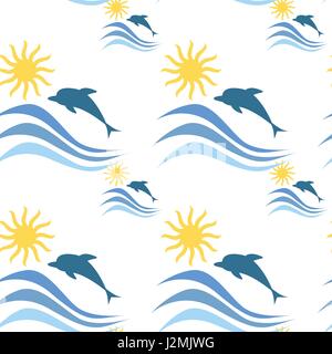 Wellen des Meeres mit Delfinen Sommerurlaub nahtlose Muster Stock Vektor