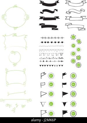 Handgezeichneten Satz Zierleisten, Bänder, Abzeichen, Fahnen und Vignetten in minimalistischen Vektor Stock Vektor