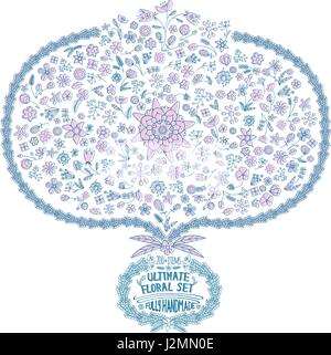 Handgezeichnete Vintage Floral-Set mit Elementen der Höhenlinien, Blätter und Blumen in rosa und blau Vektor Stock Vektor