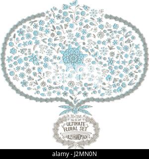 Handgezeichnete Vintage Floral-Set mit Elementen der Blätter, Blüten und Höhenlinien im blauen Vektor Stock Vektor