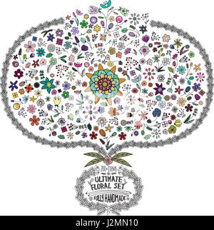 Handgezeichnete Vintage Floral-Set mit Elementen der Blätter, Blüten, Höhenlinien in hellen bunten Vektor Stock Vektor