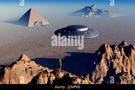 Ausländer, die mit ihrer fortschrittlichen Technologie, die alten ägyptischer Pyramiden & Sphinx zu bauen. Stockfoto