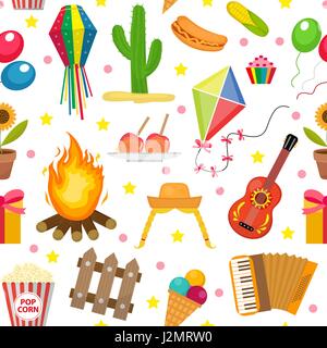 Festa Junina Musterdesign. Brasilianische Latin American Festival endlosen Hintergrund. Wiederholende Textur mit traditionellen Symbolen. Vektor-Illustration. Stock Vektor