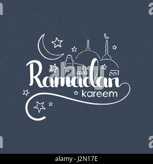 Ramadan Kareem handschriftlich Schriftzug. Moderne Vektor handgezeichnete Kalligraphie mit Moschee und Grunge überlagern Textur auf grauem Hintergrund Stock Vektor