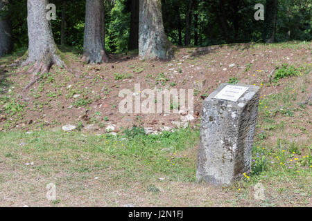 VERDUN, Frankreich - 19. August 2016: Gedenkstein an der Stelle eines ehemaligen Klempner-Hauses in Fleury, französisches Dorf in der Nähe von Verdun komplett zerstört Stockfoto