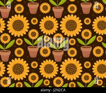 Sommer Musterdesign mit gelben Sonnenblumen Blüten. Dorf endlosen Hintergrund Textur zu wiederholen. Vektor-Illustration. Stock Vektor