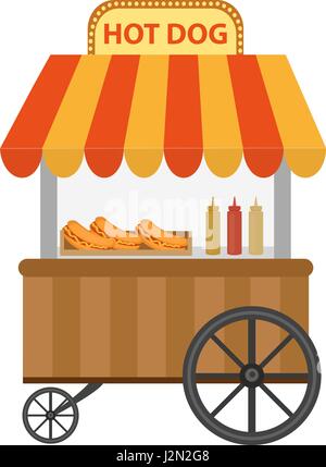 Hot-Dog Strassenlokal, Wagen. Symbol flach, Cartoon-Stil. Fastfood-Konzept isoliert auf weißem Hintergrund. Vektor-Illustration, Clip-Art. Stock Vektor