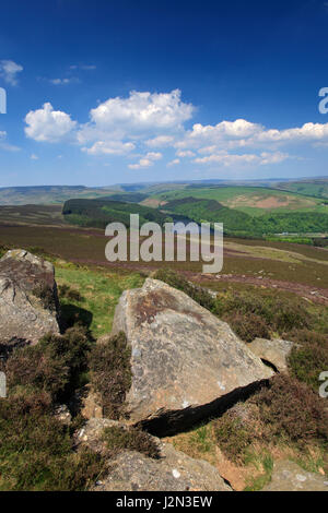 Sommer-Blick vom Win Hill über Ladybower Vorratsbehälter, Derwent Valley, Derbyshire, Peak District National Park, England, UK Stockfoto