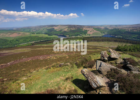 Sommer-Blick vom Win Hill über Ladybower Vorratsbehälter, Derwent Valley, Derbyshire, Peak District National Park, England, UK Stockfoto
