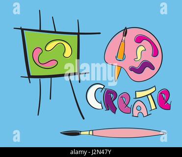 Staffelei künstlerische Pinsel Farbpalette und Text erstellen. Cartoon-Stil-Vektor-Illustration. Malerei Kunst Werkzeug inspirierende Bild. Zeichnung Hobby crea Stock Vektor