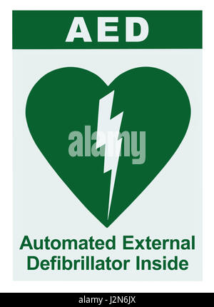 AED automatisierten externen Defibrillator im Inneren auf Seite Text, grünes Symbol, weißes Schild Aufkleber Label isoliert vertikal, Herz-Lungen-Reanimation Herz Stockfoto
