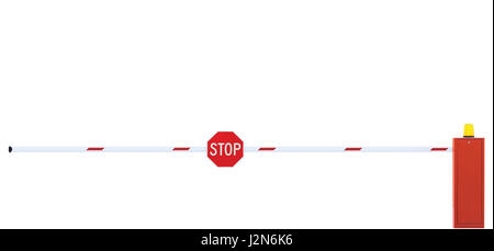 Nichtöffentliche Straße Barriere Closeup, Fahrbahn Gate Bar In weiß und rot, isoliert Verkehr Turnpike Maut Stop Fahrzeug Punkt Sicherheitsgateway, Halt Warnzeichen Stockfoto