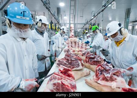 Arbeiter auf der Linie bei Triumph Lebensmittel Schweinefleisch verarbeitenden Anlage 28. April 2017 in St. Joseph, Missouri. Stockfoto