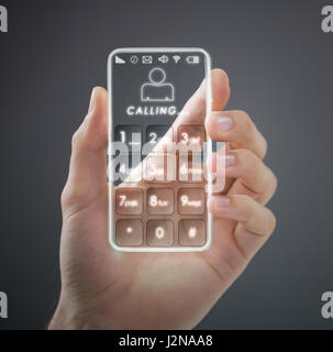 Transparente mobile Smartphone in die Hand des Menschen, neue digitale Technologie-Konzept Stockfoto