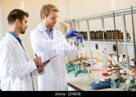 Zwei Kollegen, die am Experiment im Labor arbeiten Stockfoto