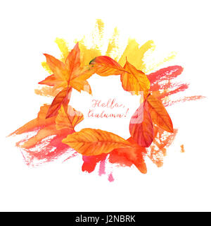 Hallo, Herbst Design mit lebendigen Herbstlaub, gelb und Orange, auf eine Hand gemalte Aquarell Textur. Eine künstlerische Vorlage für eine Karte, Flieger oder inv Stockfoto