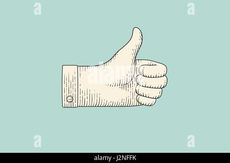 Zeichnung von Handzeichen Daumen hoch in Gravur Stil Stock Vektor