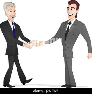 Alte und junge Geschäftsleute in Anzügen über die Hände zu schütteln. Im Cartoon-Stil gezeichnet. Stock Vektor