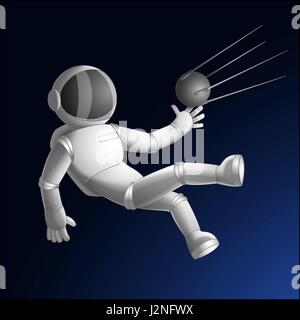 Kosmonaut oder Astronaut fangen Satelliten Sputnik im offenen Raum im Cartoon-Stil gezeichnet Stock Vektor
