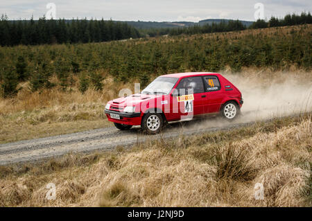 Wark, UK 29. April 2017: Rallye-Auto, die Teilnahme an der Pirelli International Rally 2017 (Altstadt).  Fahrer Andy Gray und Co-Pilot Richard Crozier in einem Peugeot 205 Gti. Stockfoto