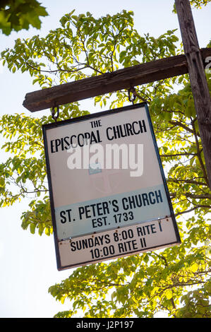 Schild am St.-Petri Kirche in Salem, Massachusetts. Stockfoto