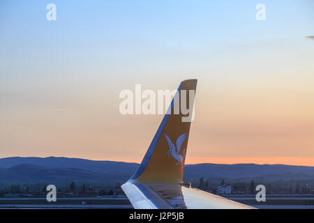 Flughafen Ankara-Esenboğa in Ankara, Türkei - 29. April 2017: Pegasus Airlines Flugzeug innerhalb des Flughafens Ankara-Esenboğa während des Sonnenuntergangs Stockfoto