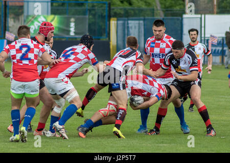 ZAGREB, Kroatien - 29. April 2017: Rugby Europapokal der Nationen Kroatien vs. Malta. Spieler bekämpfen gegenseitig Stockfoto