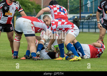 ZAGREB, Kroatien - 29. April 2017: Rugby Europapokal der Nationen Kroatien vs. Malta. Spieler den Ball zu greifen Stockfoto