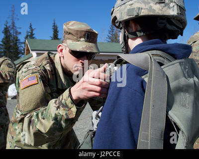 Armee 1st Lt. Matthew Sneddon, 1. Bataillon, 501st Fallschirm-Infanterie-Regiment-Luft-Offizier und gebürtig aus Fayetteville, NC, inspiziert Eagle River High School Air Force Junior ROTC Cadet Riley Sheldon bevor die High-School-Schüler von einem 34-Fuß-Sprung-Turm 19. April 2017, bei der gemeinsamen Basis Elmendorf-Richardson Airborne Sustainment Trainingsbereich springt. Viele der gleichen Sicherheits-Checks für eine tatsächliche Fallschirmsprung verwendet werden verwendet für Sprung Turm Ausbildung. Sheldon ist die Tochter von Sgt. Major Ronald Sheldon, der 673d Air Base Wing-Sergeant-Major. (Foto: David Bedard US Air Force) Stockfoto