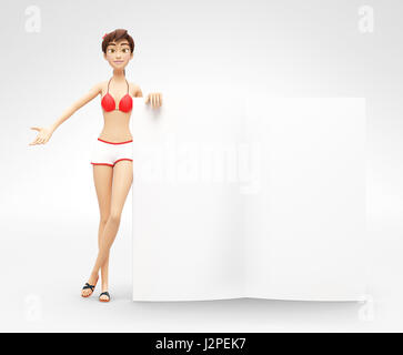 Blank Zeitschriftenseiten und Broschüre Mockup Held mit einem Lächeln und glücklich Jenny - 3D Cartoon weibliche Figur im Badeanzug Bikini Stockfoto