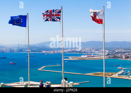 Fahnen der Europäischen Union, Vereinigtes Königreich und Gibraltar Stockfoto