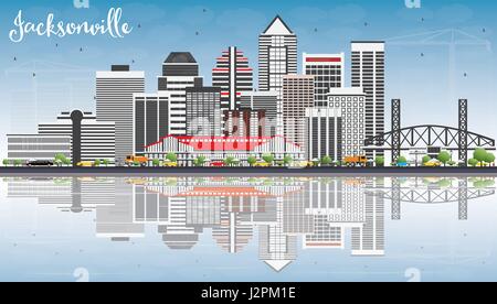 Jacksonville-Skyline mit grauen Gebäuden, blauer Himmel und Reflexionen. Vektor-Illustration. Geschäftsreisen und Tourismus-Konzept mit moderner Architektur. Stock Vektor