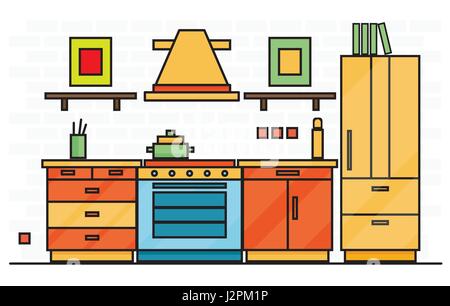 Küche eingerichtet mit Tisch, Herd und Kühlschrank. Vektor-Illustration. Stock Vektor