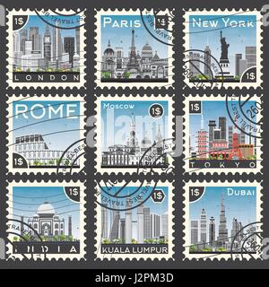 Satz von Briefmarken mit anderen Stadt und Sehenswürdigkeiten. Vektor-Illustration. Stock Vektor