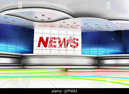 Moderne News-Studio mit großen TV-Bildschirmen. 3D Illustration. Stockfoto