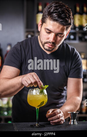 Barkeeper ist cocktail mit Minze dekorieren. Stockfoto