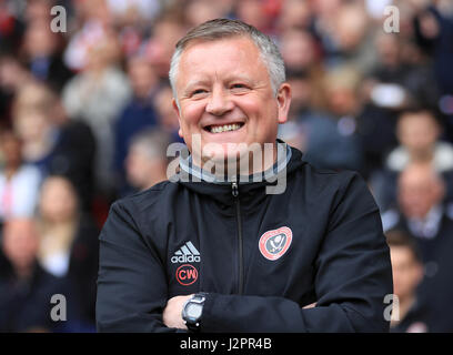 Sheffield United-Trainer Chris Wilder während der Sky Bet League One match bei Bramall Lane, Sheffield. PRESSEVERBAND Foto. Bild Datum: Sonntag, 30. April 2017. Vgl. PA Geschichte Fußball Sheff Utd. Bildnachweis sollte lauten: Tim Goode/PA Wire. Einschränkungen: EDITORIAL verwenden nur keine unbefugten Audio, Video, Daten, Spielpläne, Verbandsliga/Logos oder "live"-Dienste. Im Spiel Onlinenutzung beschränkt auf 75 Bilder, keine video Emulation. Keine Verwendung in Wetten, Spiele oder Vereinsspieler/Liga/Einzelpublikationen. Stockfoto