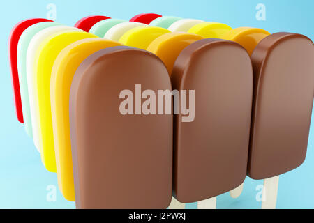 3D Illustraton. Satz von Schokolade Eis am Stiel gefüllt mit Creme auf hellblauem Hintergrund. Sommer-Food-Konzept. Stockfoto